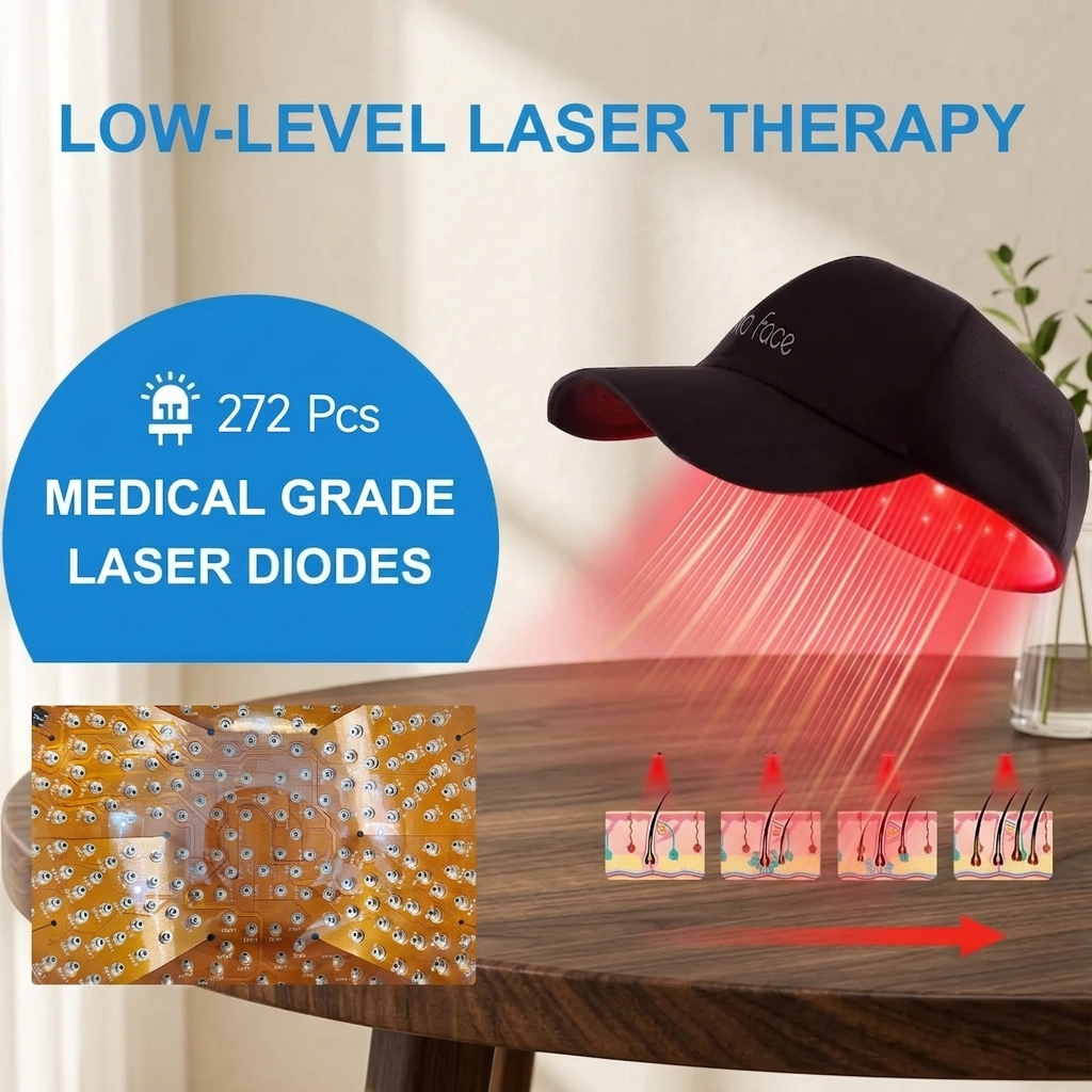 272 LLLT laser hair growth cap on dark walnut table