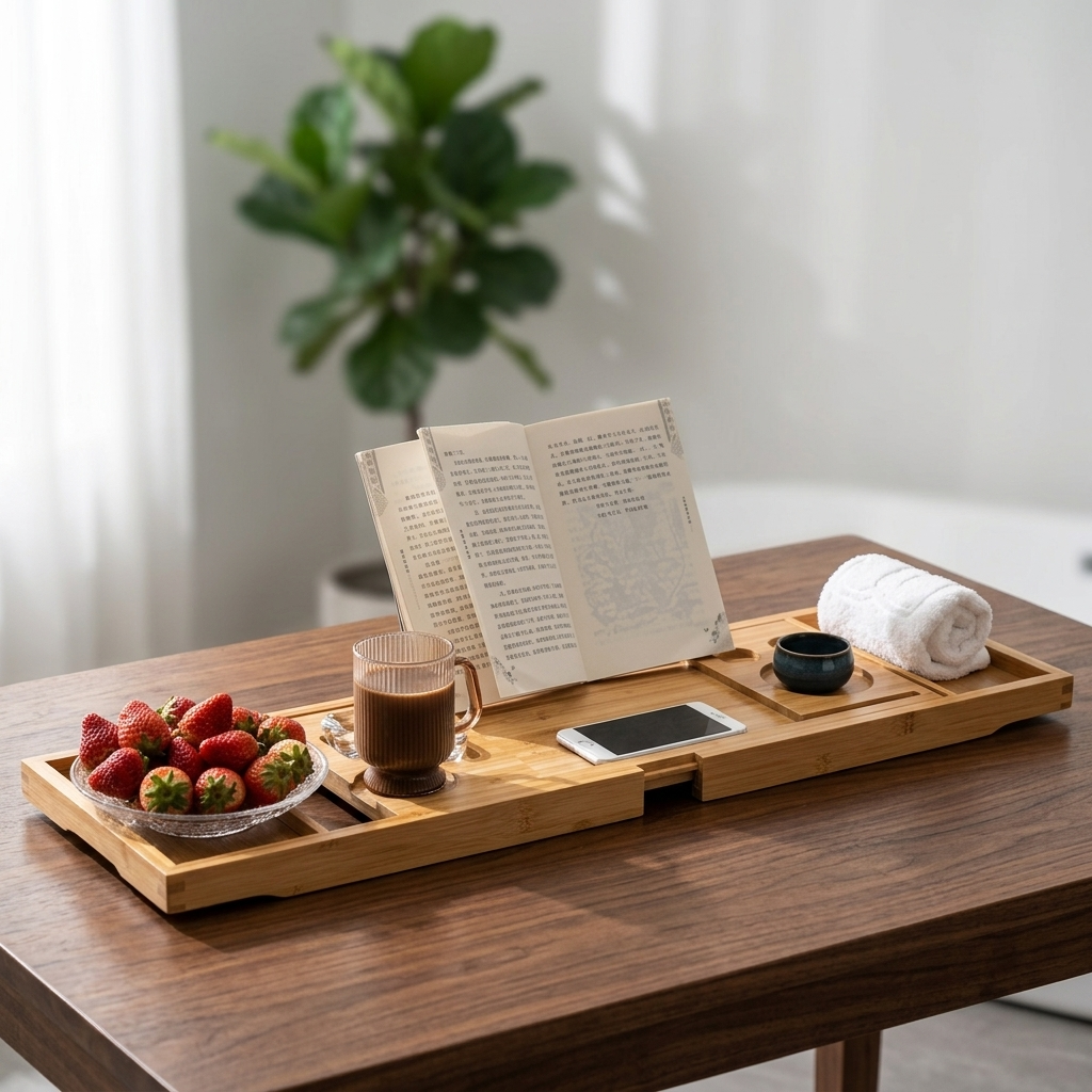 Bamboo Spa Bath Caddy Tray on dark walnut table