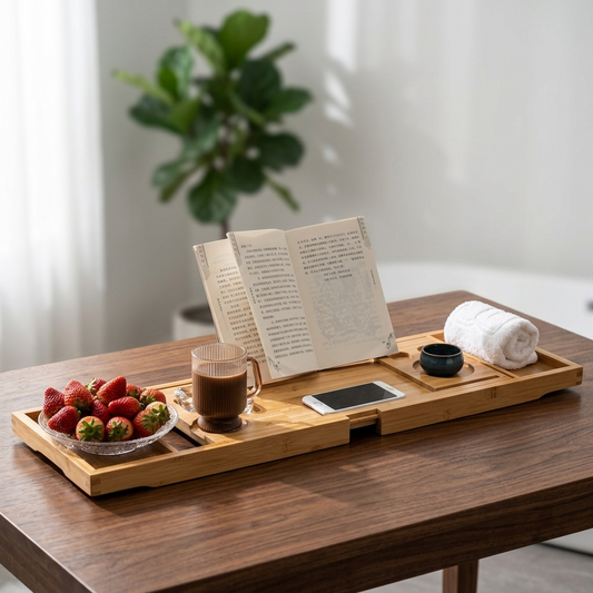 Bamboo Spa Bath Caddy Tray on dark walnut table