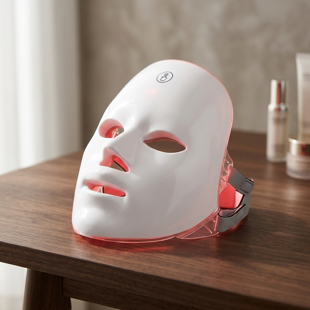 7-color LED photon face mask on dark walnut table
