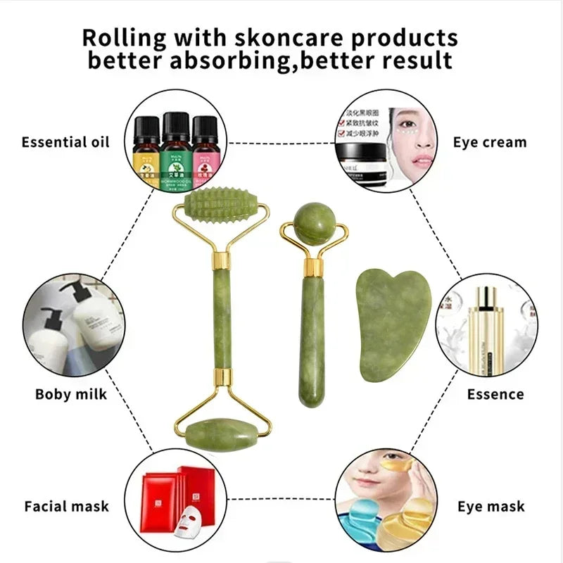 Jade roller and gua sha set in use