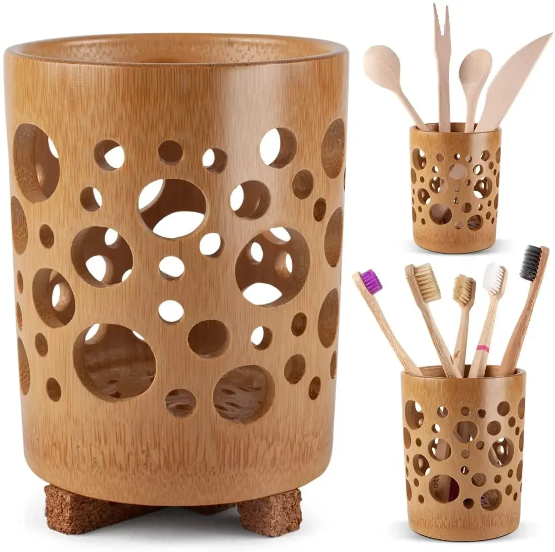 Bamboo bathroom organizer toothbrush holder