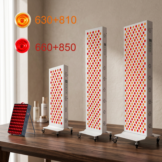 Dual chip red light therapy panel 400W on dark walnut table