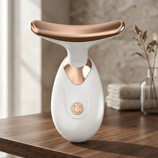 Microcurrent EMS face lifting massager on dark walnut table