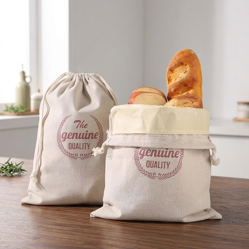Beeswax Linen Bread Bags on dark walnut table