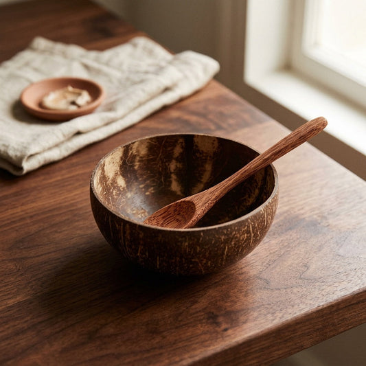 Polished Coconut Bowl + Wooden Spoon — Handcrafted Natural Dining Set